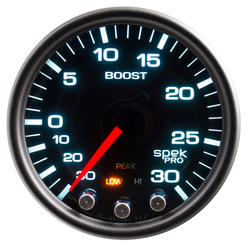 Autometer Spek-Pro Gauge Vac/Boost 2 1/16in 30Inhg-30psi Stepper Motor Peak & Warn Black/Smoke/Black - P30252 atmP30252