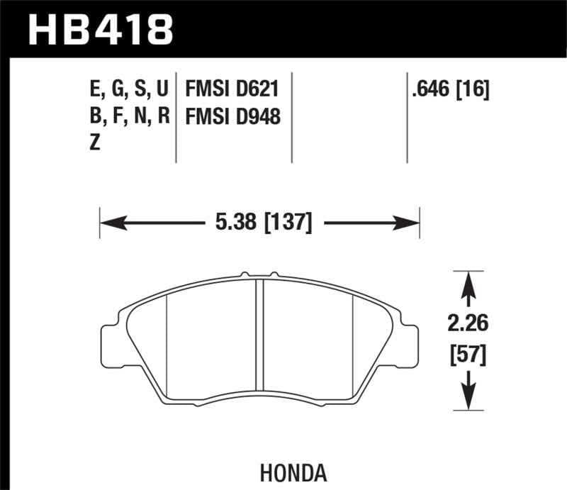 Hawk 02-06 RSX (non-S) Front / 03-09 Civic Hybrid / 04-05 Civic Si Rear Performance Ceramic Street HB418Z.646