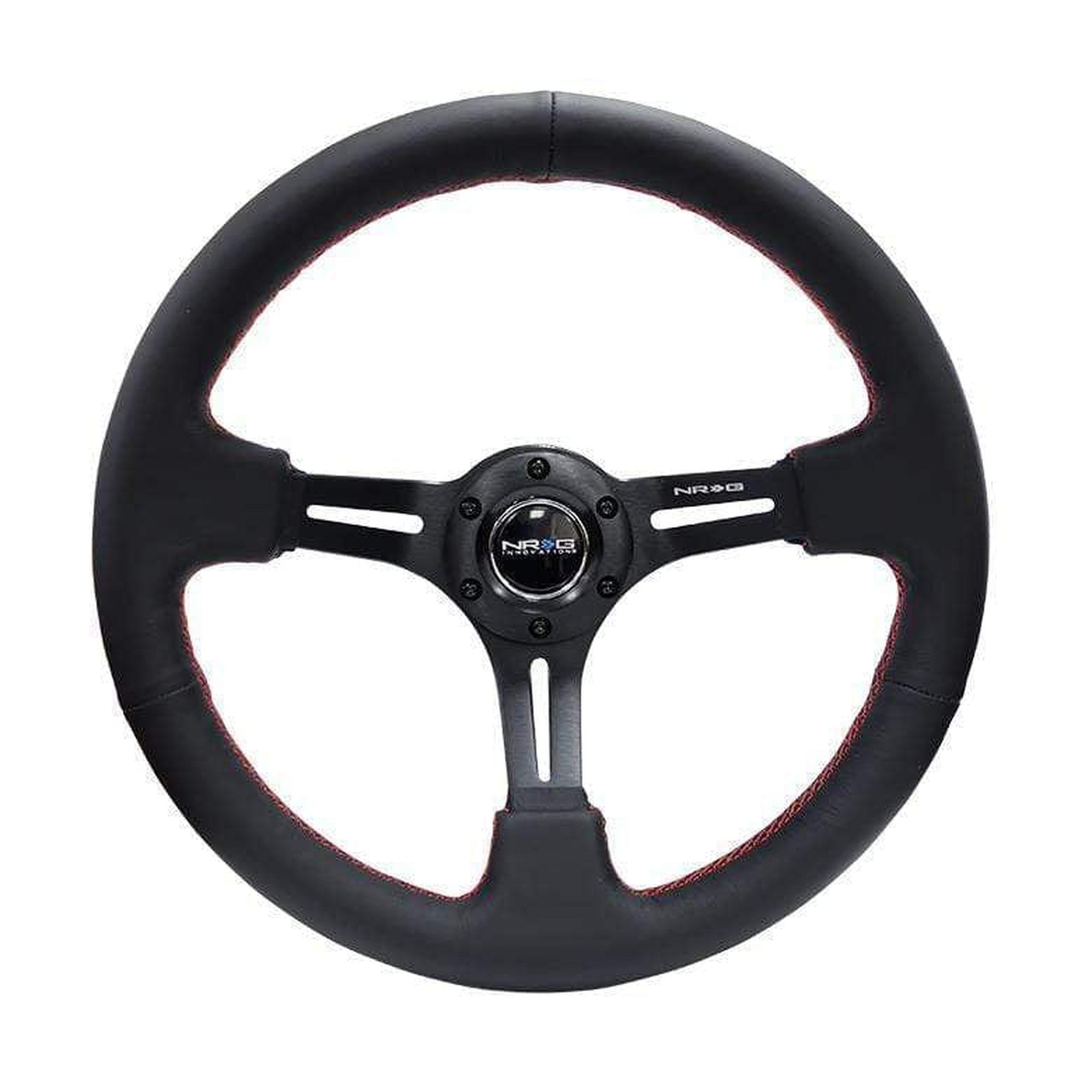 NRG Reinforced Steering Wheel (350mm / 3in. Deep) Black Leather/Red Stitch & Blk 3-Spoke w/Slits | RST-018R-RS