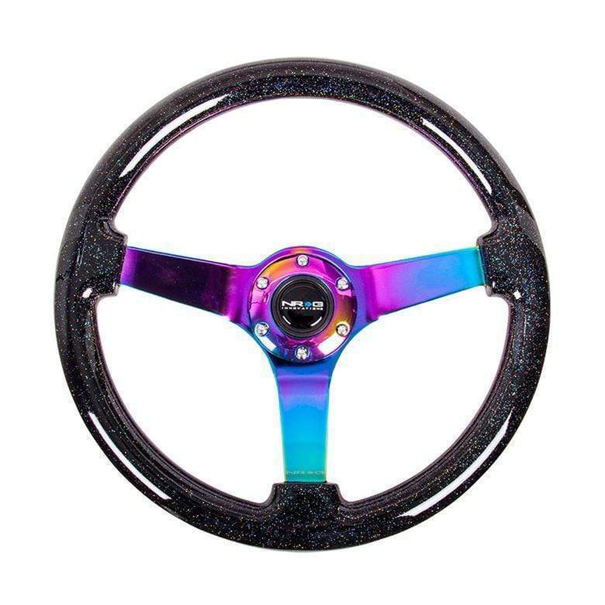 NRG Reinforced Steering Wheel (350mm / 3in. Deep) Classic Blk Sparkle w/4mm Neochrome 3-Spoke Center | RST-036BSB-MC