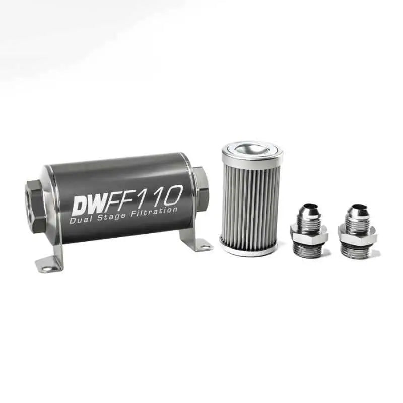 DeatschWerks Stainless Steel 8AN 10 Micron Universal Inline Fuel Filter Housing Kit (110mm) 8-03-110-010k-8