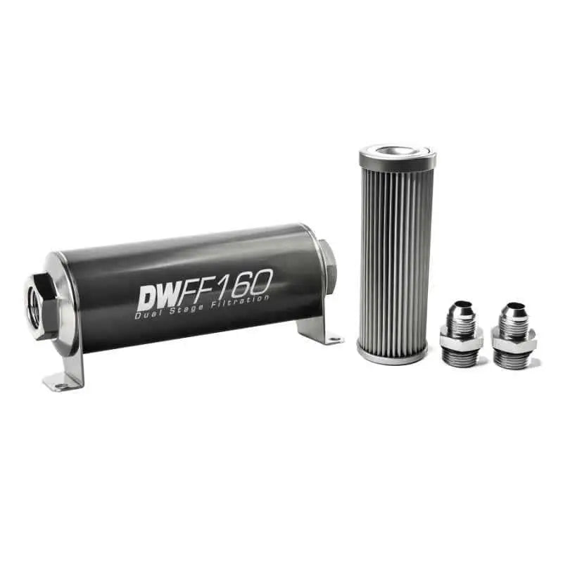 DeatschWerks Stainless Steel 8AN 10 Micron Universal Inline Fuel Filter Housing Kit (160mm) 8-03-160-010k-8