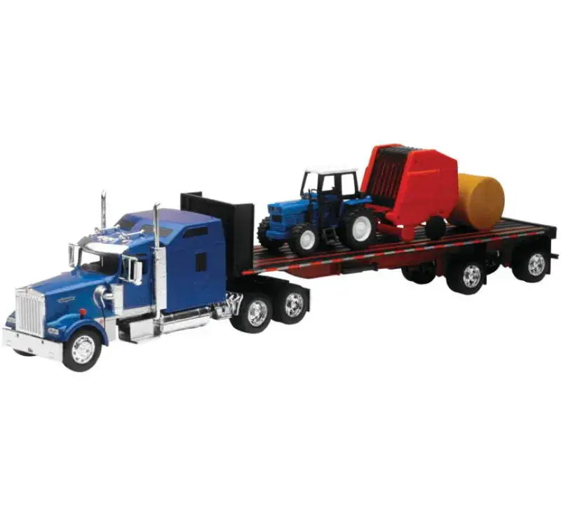 New Ray Toys Kenworth W900 with Flatbed, Tractor and Round Haybales/ Scale - 1:32 623447