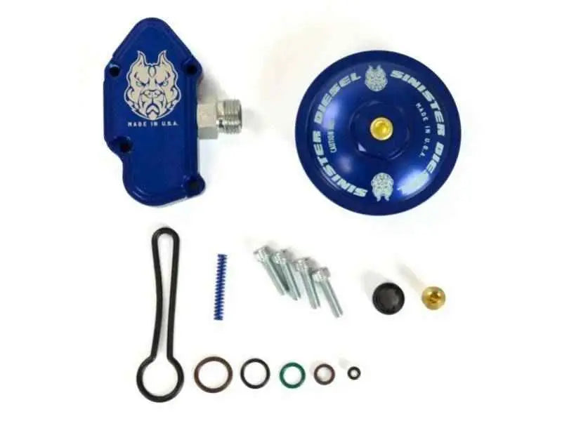 Sinister Diesel 03-07 Ford Powerstroke 6.0L Blue Spring Kit w/ Billet Spring Housing/Fuel Filter Cap sd-fuelblk-6-0-ffc